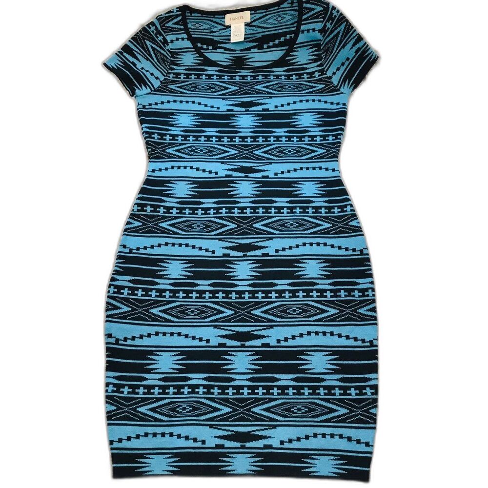 Fiancee Blue Dress women bodycon short sleeve dress with geometric print size S